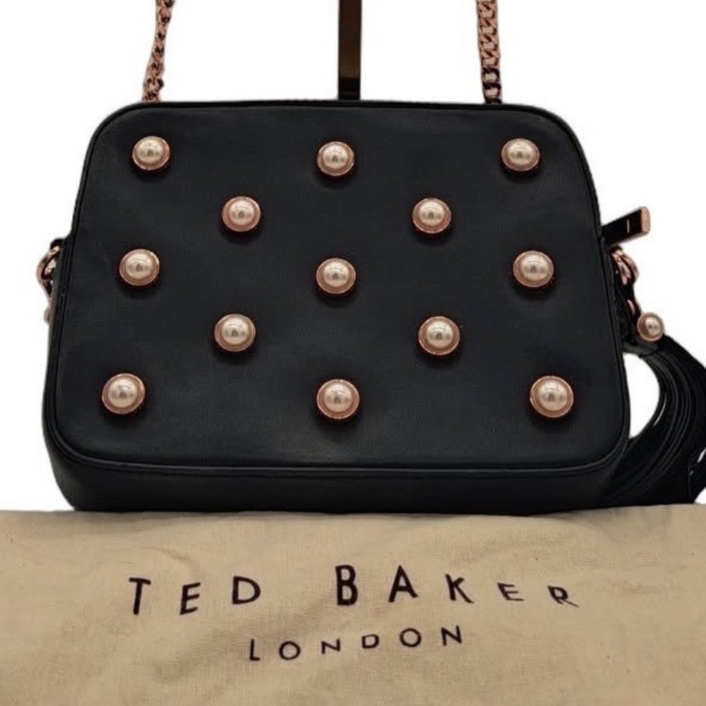 Ted Baker‎ Crossbody Bag Purse Women's Black Pearl Studded Chain Tassel Dustbag